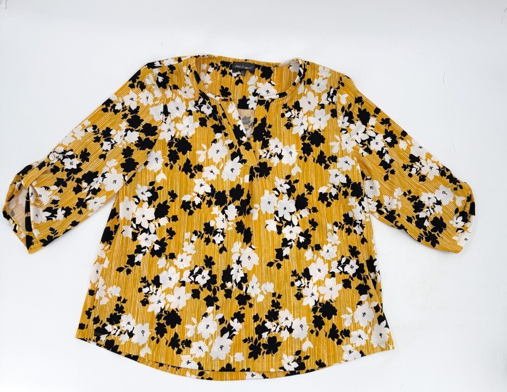 Once & Again Shirt Womens Large Yellow Floral Blouse 3/4 Sleeveless Pullover